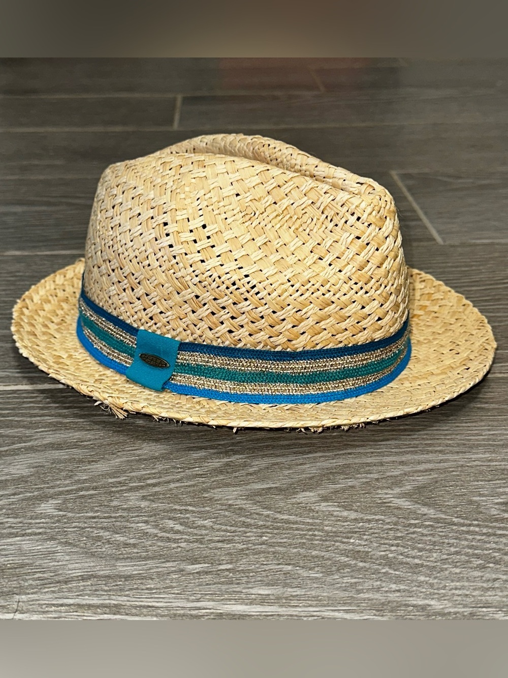 Scala San Jose Natural Straw Trilby Hat Raffia Striped Grosgrain Beach Summer